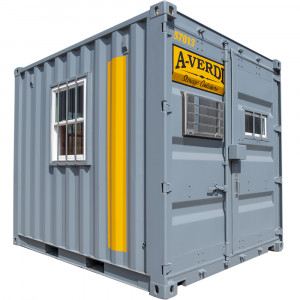 A gray A-Verdi storage container with a window, door, yellow vertical stripe, and company branding, against a white background.