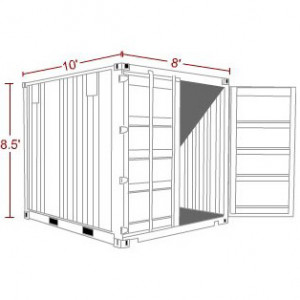 A line drawing of a 10' x 8' x 8.5' shipping container with dimensions labeled, viewed from an angle with the door partially open.