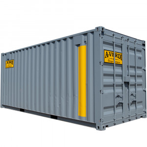 A gray A-Verdi storage container with yellow vertical stripes and the company's branding, isolated on a white background.