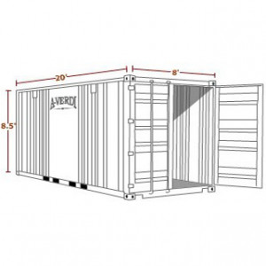 A line drawing of a 20' x 8' x 8.5' A-Verdi storage container with dimensions labeled, with the doors open, viewed from an angle.