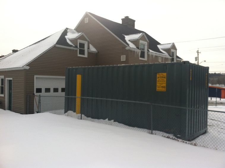 20' Storage Container in Winter at Residential Home